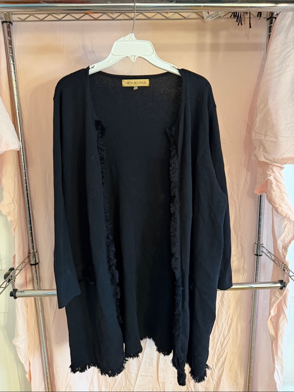 Nipon Boutique Black Open-Front Fringe Trim Cardigan